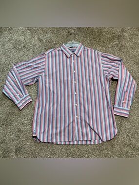 GAP Men's Long-Sleeve Striped Dress Shirt in Blue, Red & White Size Large 16-16